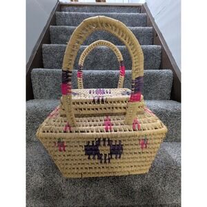 Native American Woven Basket With Lid Handles Large Colorful‎